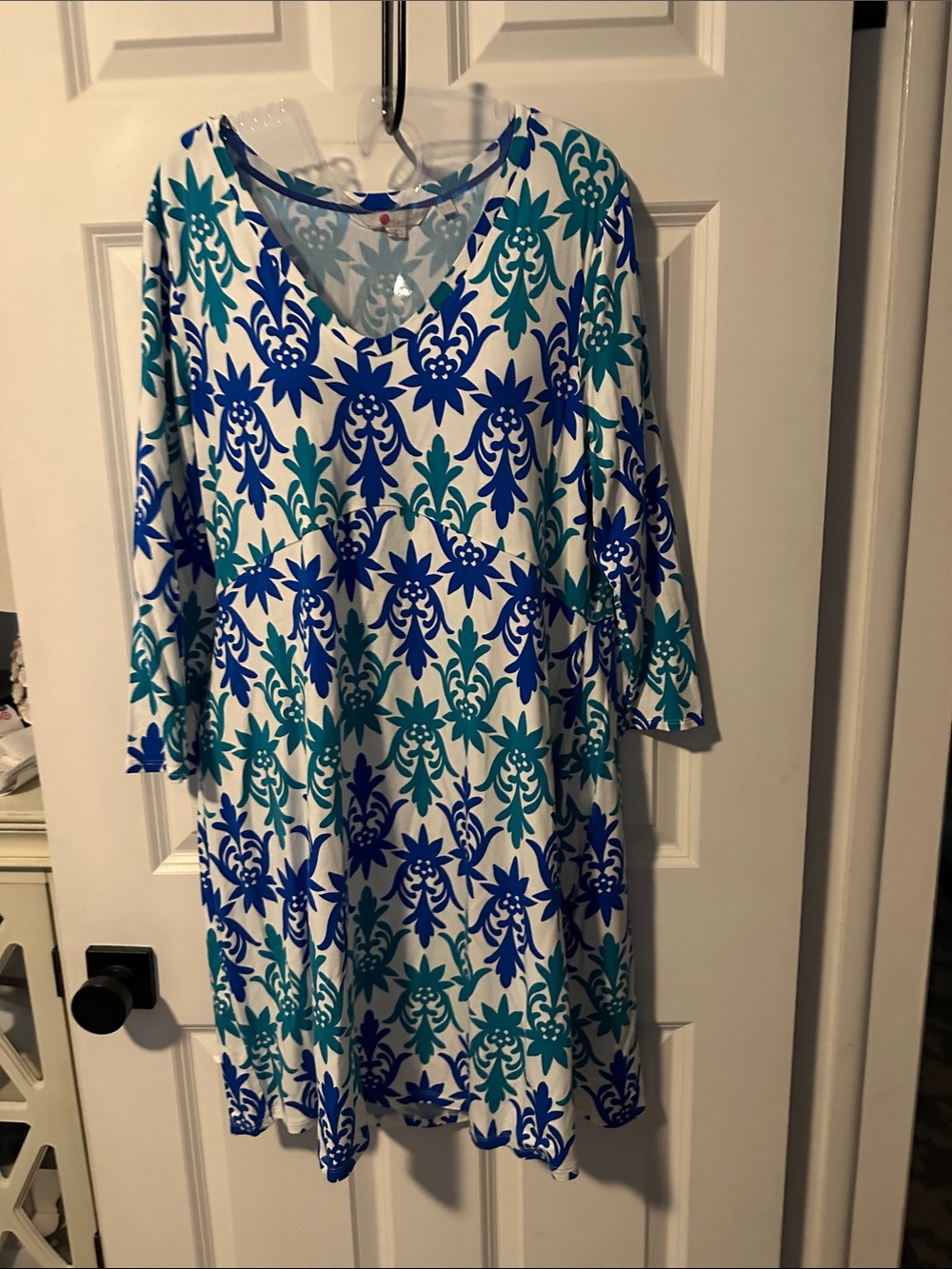 Boden White Dress with Blue and Teal Floral Print